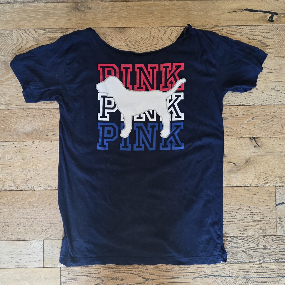 PINK Victoria's Logo Dog Navy Tee with Red, White, and Blue Graphic Americana